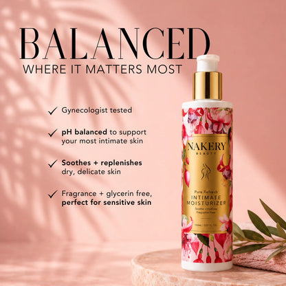 Nakery Beauty Pure Refresh Intimate Moisturizer, gynecologist tested and pH balanced to soothe and replenish dry, sensitive intimate skin.