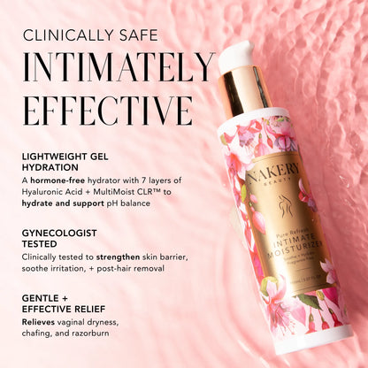 Nakery Beauty Pure Refresh Intimate Moisturizer featuring a lightweight, hormone-free hydrating gel designed to support pH balance, strengthen the skin barrier, and relieve dryness and irritation.