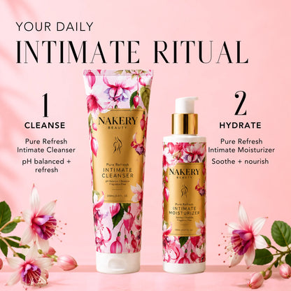 Nakery Beauty Pure Refresh Intimate Cleanser and Intimate Moisturizer shown together as a daily two-step intimate care routine for cleansing, pH balance, hydration, soothing, and nourishment.