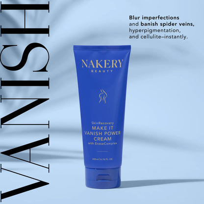 Nakery Beauty Make It Vanish Power Cream with EraseComplex, designed to blur imperfections and reduce the appearance of spider veins, hyperpigmentation, and cellulite.
