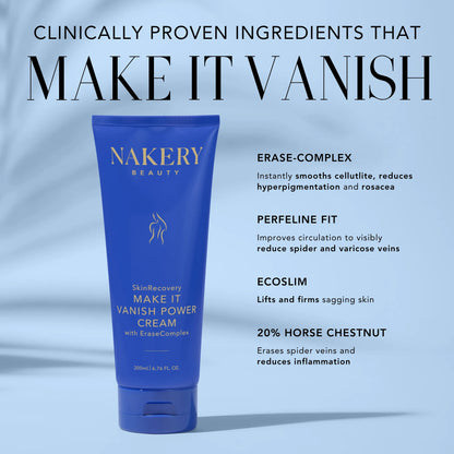 Nakery Make It Vanish Power Cream highlighting EraseComplex, Perfeline Fit, EcoSlim, and horse chestnut for smoother, firmer-looking skin.