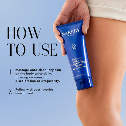 Woman holding Nakery Make It Vanish Power Cream beside instructions to massage onto clean, dry skin twice daily and follow with moisturizer.