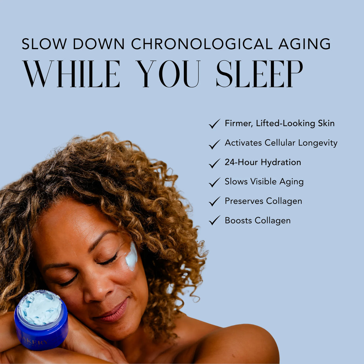 Woman resting beside Nakery Night Shift cream with benefits including firmer-looking skin, 24-hour hydration, collagen support, and reduced visible aging.