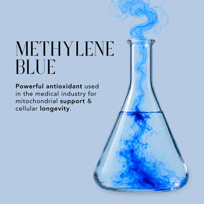 Methylene Blue represented by blue liquid swirling in a laboratory flask, highlighting antioxidant, mitochondrial support, and cellular longevity benefits.