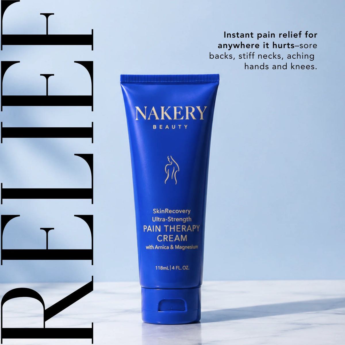 Nakery Beauty Ultra-Strength Pain Therapy Cream with arnica and magnesium for targeted relief of sore backs, stiff necks, and aching muscles and joints.