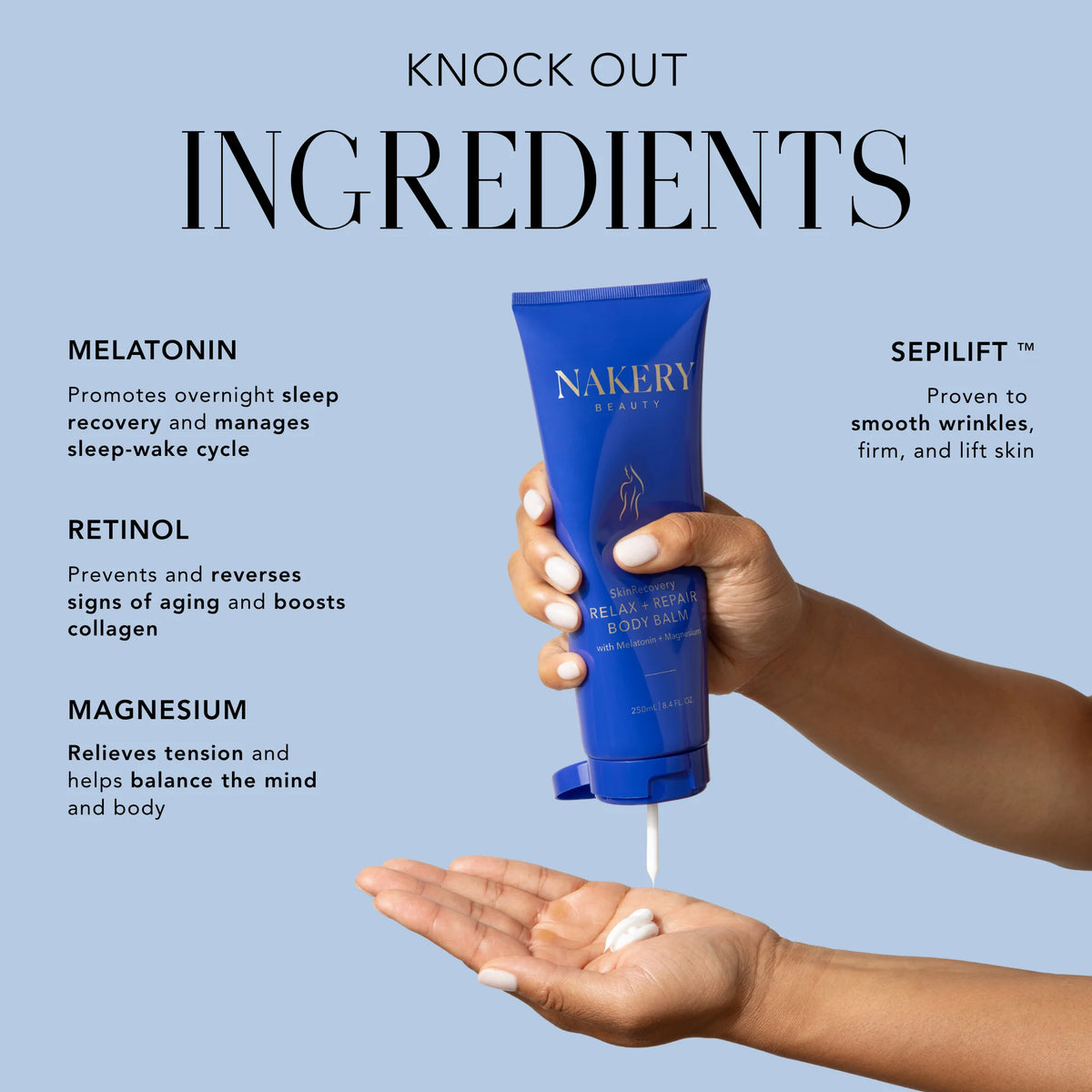 Nakery Beauty SkinRecovery Magnesium Face, Body + Hair Wash and Relax + Repair Body Balm displayed as a two-step repair and relaxation ritual.