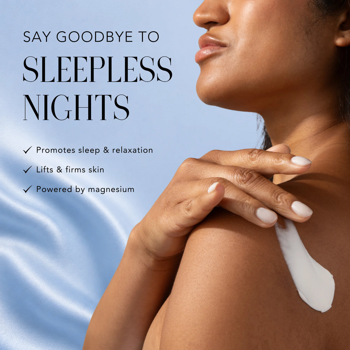 Woman applying Nakery Beauty Relax + Repair Body Balm to her shoulder, formulated with magnesium to promote relaxation while lifting and firming skin.
