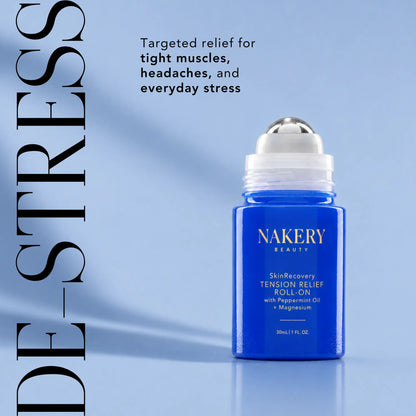 Nakery Beauty Tension Relief Roll-On with peppermint oil and magnesium for targeted relief from tight muscles, headaches, and everyday stress.