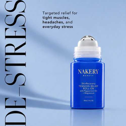Nakery Beauty Tension Relief Roll-On with peppermint oil and magnesium for targeted relief from tight muscles, headaches, and everyday stress.