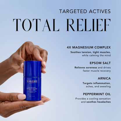 Nakery Beauty Tension Relief Roll-On featuring 4X magnesium complex, Epsom salt, arnica, and peppermint oil for targeted tension and muscle relief.