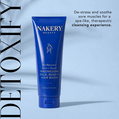 Nakery Beauty Relax + Repair Magnesium Face, Body + Hair Wash designed to cleanse, de-stress, and soothe sore muscles with a spa-like experience.