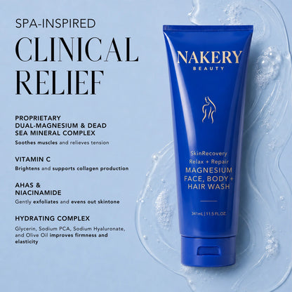 Nakery Beauty Magnesium Face, Body + Hair Wash featuring dual magnesium, Dead Sea minerals, vitamin C, AHAs, niacinamide, and a hydrating complex.