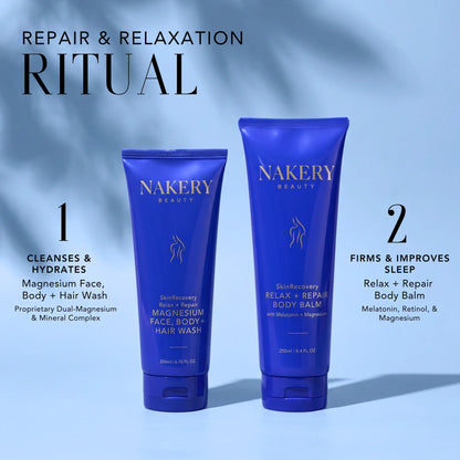 Nakery Beauty Relax + Repair ritual featuring Magnesium Face, Body + Hair Wash for cleansing and hydration and Relax + Repair Body Balm for firmer-looking skin and improved sleep.