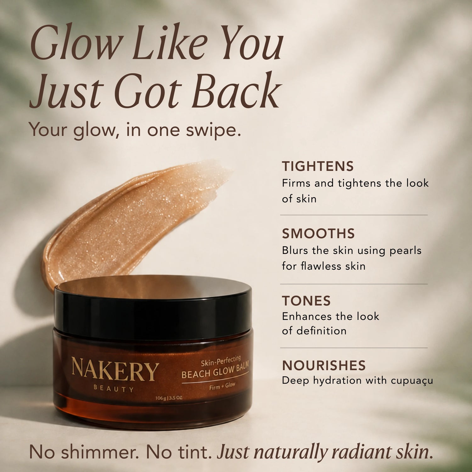 Nakery Beauty Beach Glow Balm with text highlighting its benefits on a neutral background