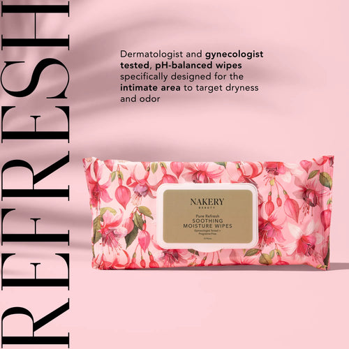 Nakery Beauty Pure Refresh Soothing Moisture Wipes, dermatologist and gynecologist tested, pH-balanced wipes designed to target intimate dryness and odor.