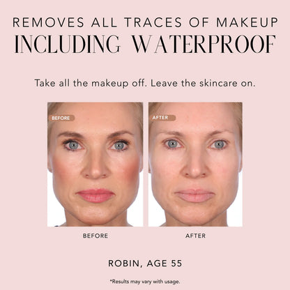 Before-and-after comparison showing makeup removal with Nakery Beauty Plump + Hydrate Cleansing Wipes, including waterproof makeup.