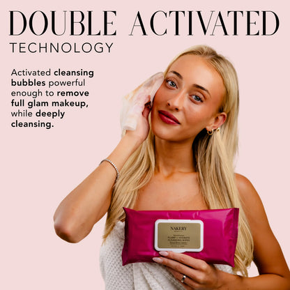 Woman cleansing her face with a Nakery Beauty Plump + Hydrate Cleansing Wipe while holding the pink package, highlighting Double Activated cleansing technology.