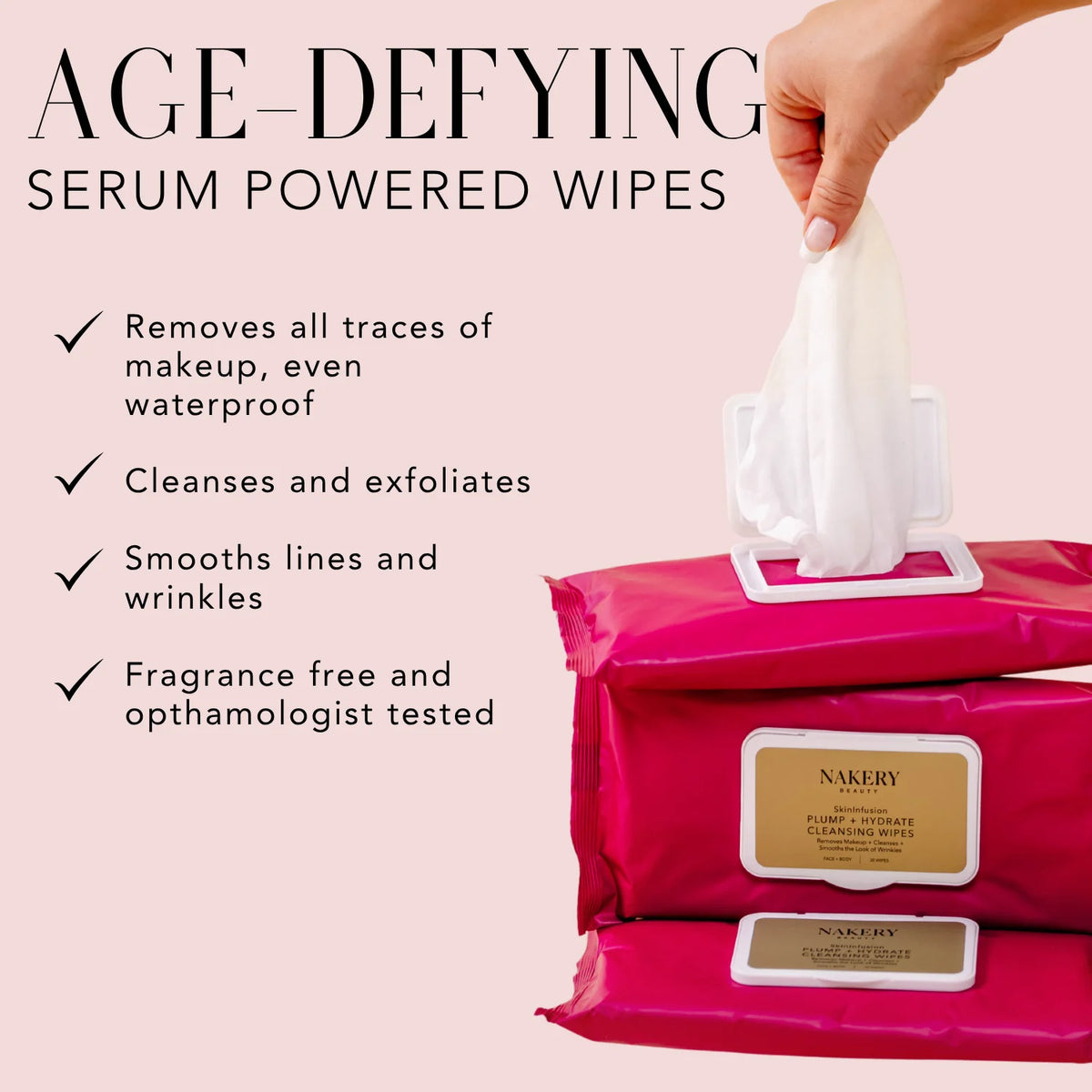 Nakery Beauty Plump + Hydrate Cleansing Wipes in bright pink packaging, highlighting serum-powered cleansing, makeup removal, exfoliation, and smoothing benefits.