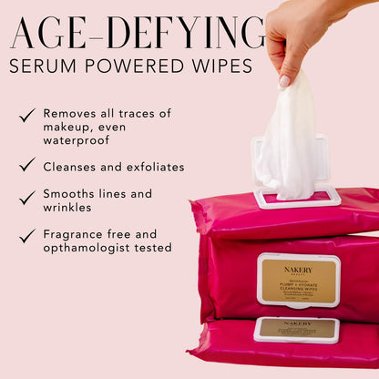 Nakery Beauty Plump + Hydrate Cleansing Wipes in bright pink packaging, highlighting serum-powered cleansing, makeup removal, exfoliation, and smoothing benefits.